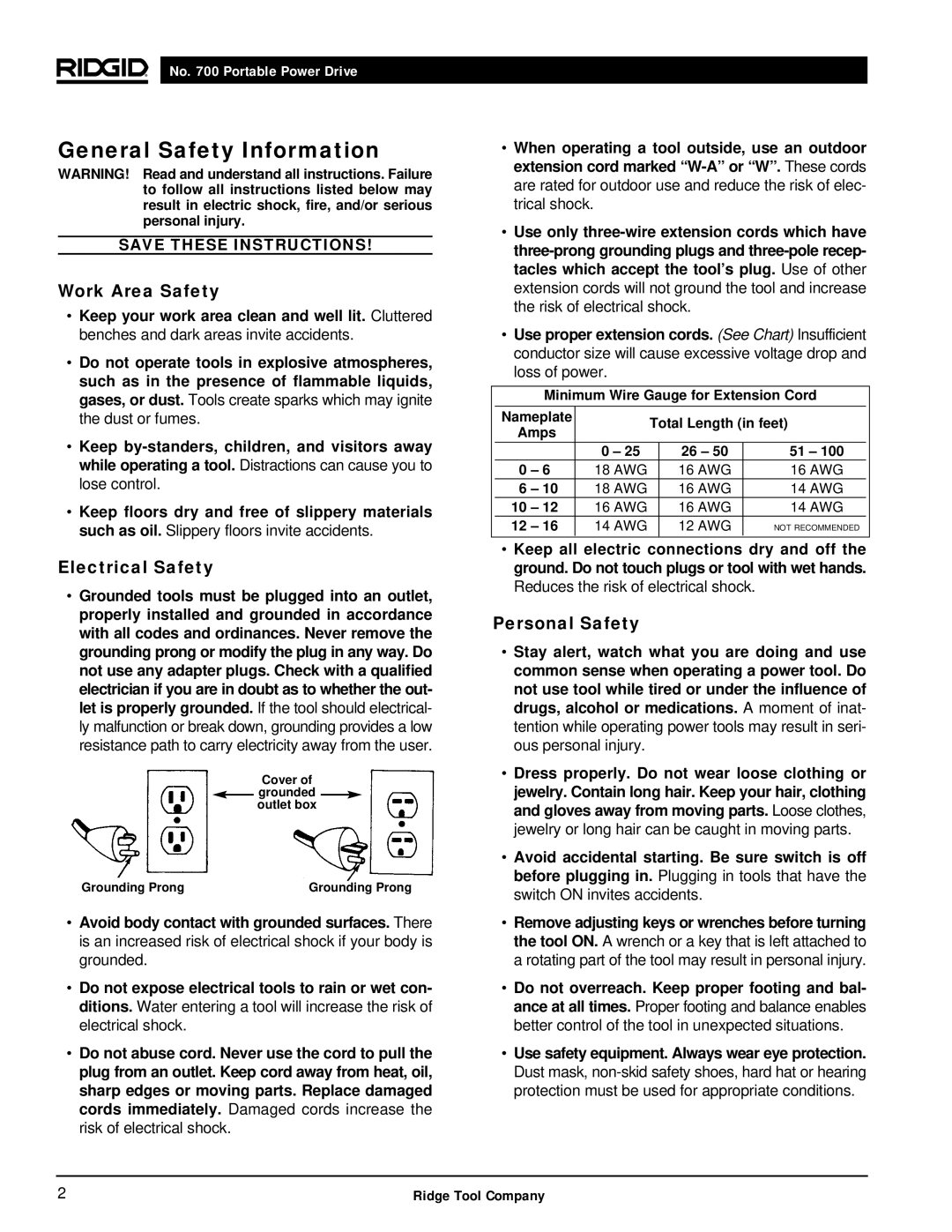 RIDGID 700 manual General Safety Information, Work Area Safety, Electrical Safety, Personal Safety 