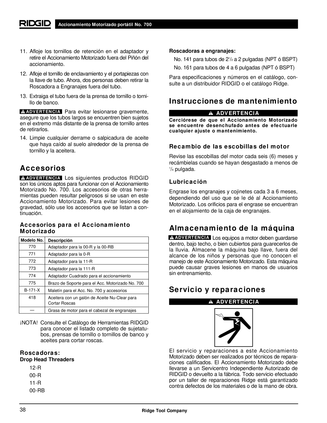 RIDGID 700 manual Accesorios, Instrucciones de mantenimiento, Almacenamiento de la máquina, Servicio y reparaciones 