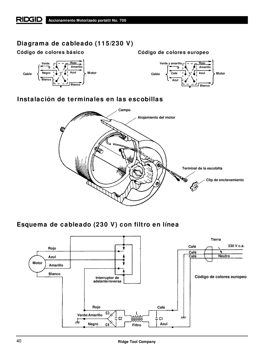 RIDGID 700 manual Diagrama de cableado 115/230, Instalación de terminales en las escobillas, Código de colores europeo 