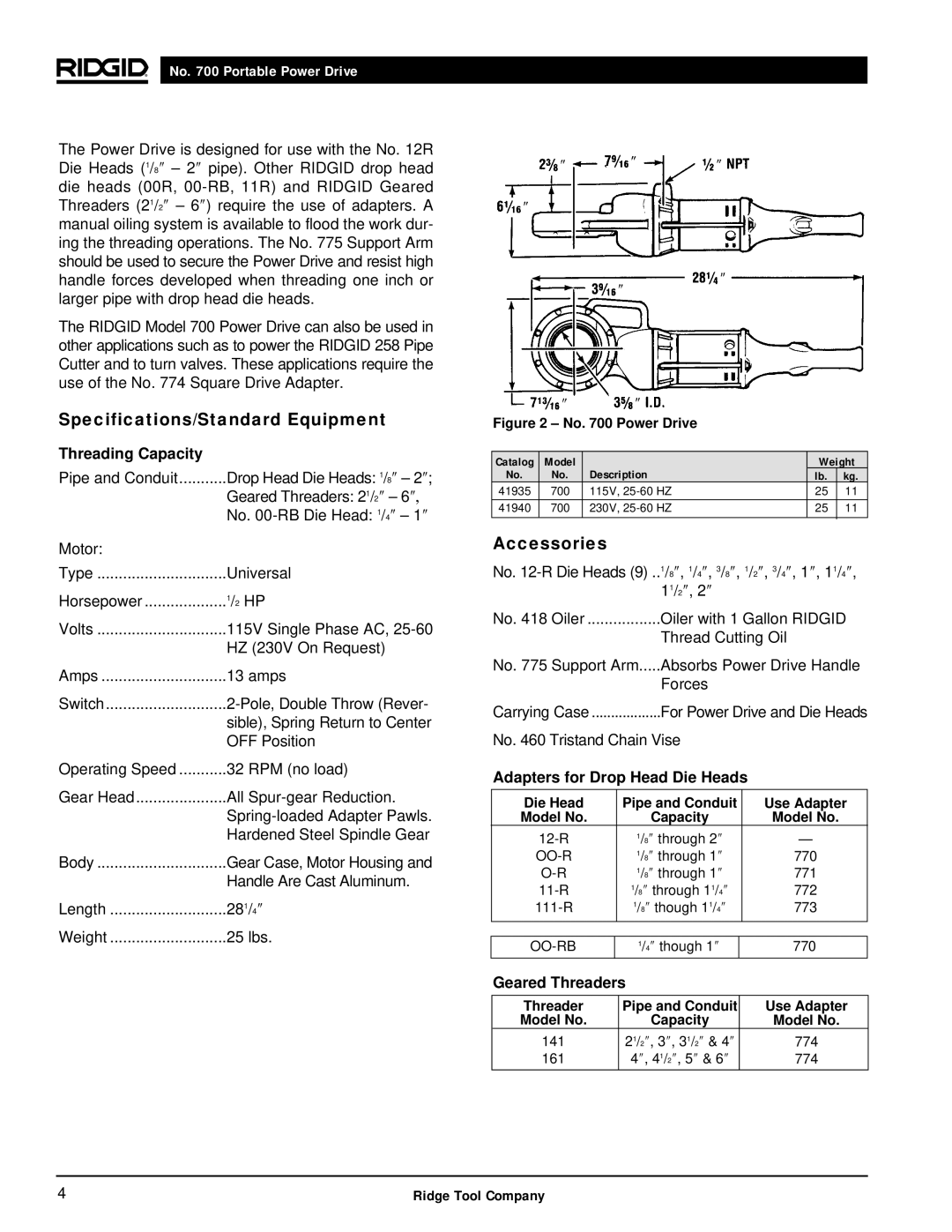 RIDGID 700 manual Specifications/Standard Equipment, Accessories, Threading Capacity, Adapters for Drop Head Die Heads 