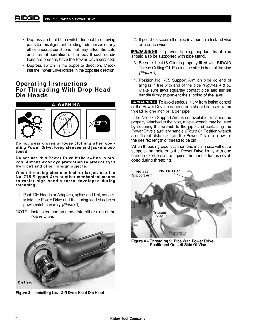 RIDGID 700 manual Installing No -R Drop Head Die Head 