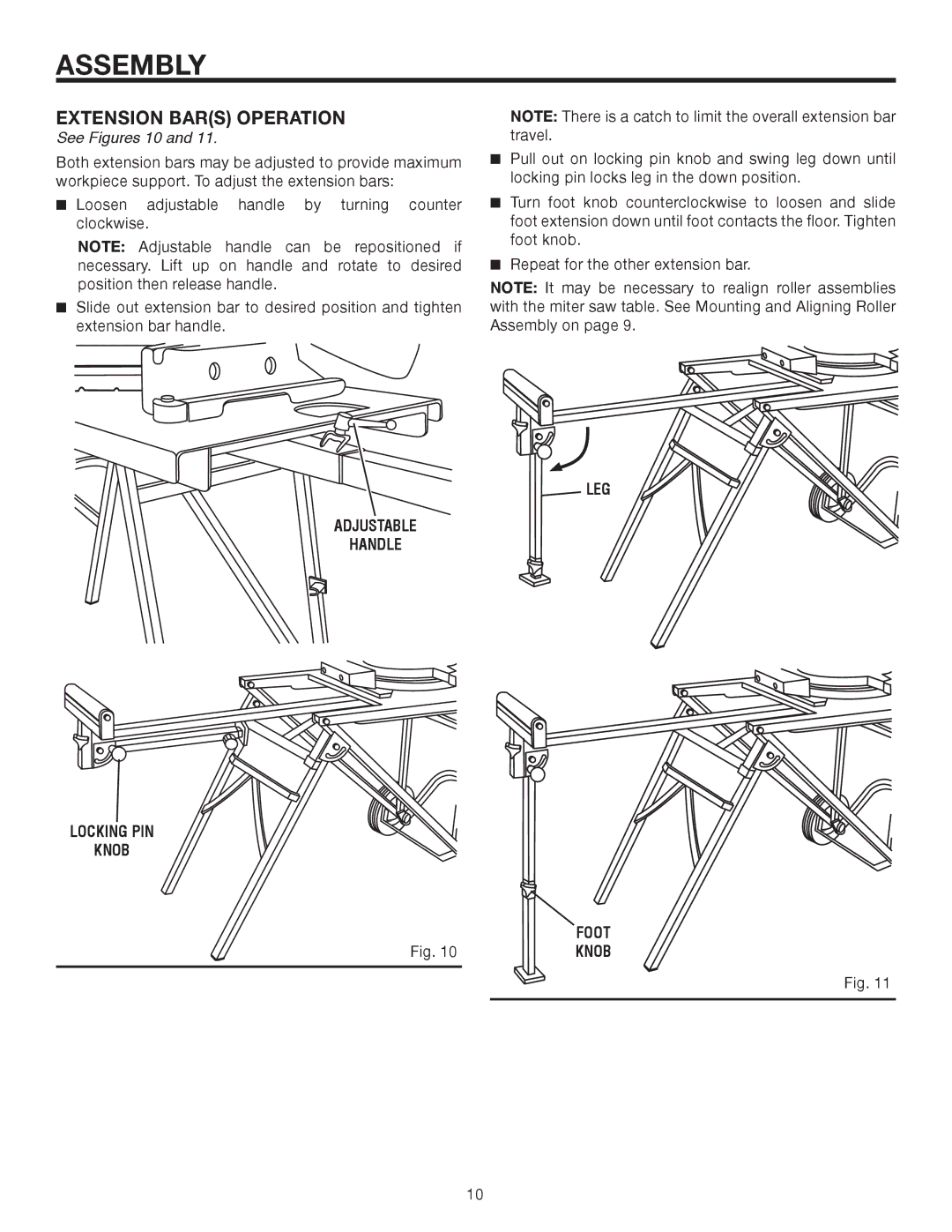 RIDGID AC9940 manual Extension Bars Operation, See Figures 10, Adjustable Handle Locking PIN Knob, LEG Foot Knob 