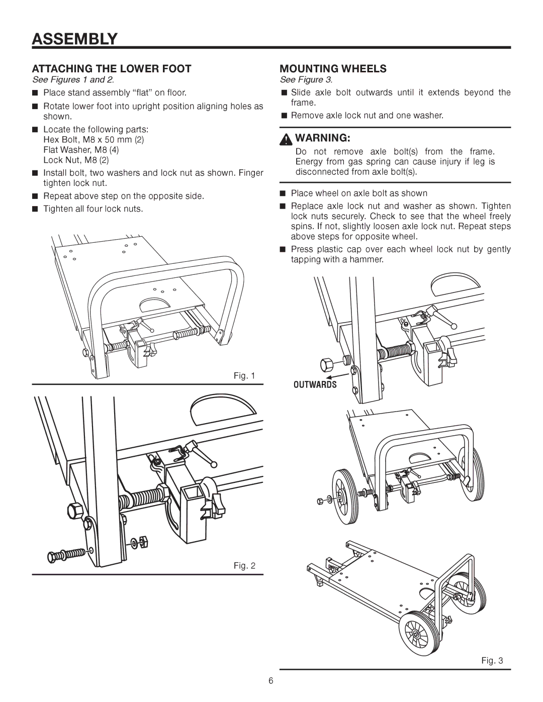 RIDGID AC9940 manual Assembly, Attaching the Lower Foot, Mounting Wheels, See Figures 1 