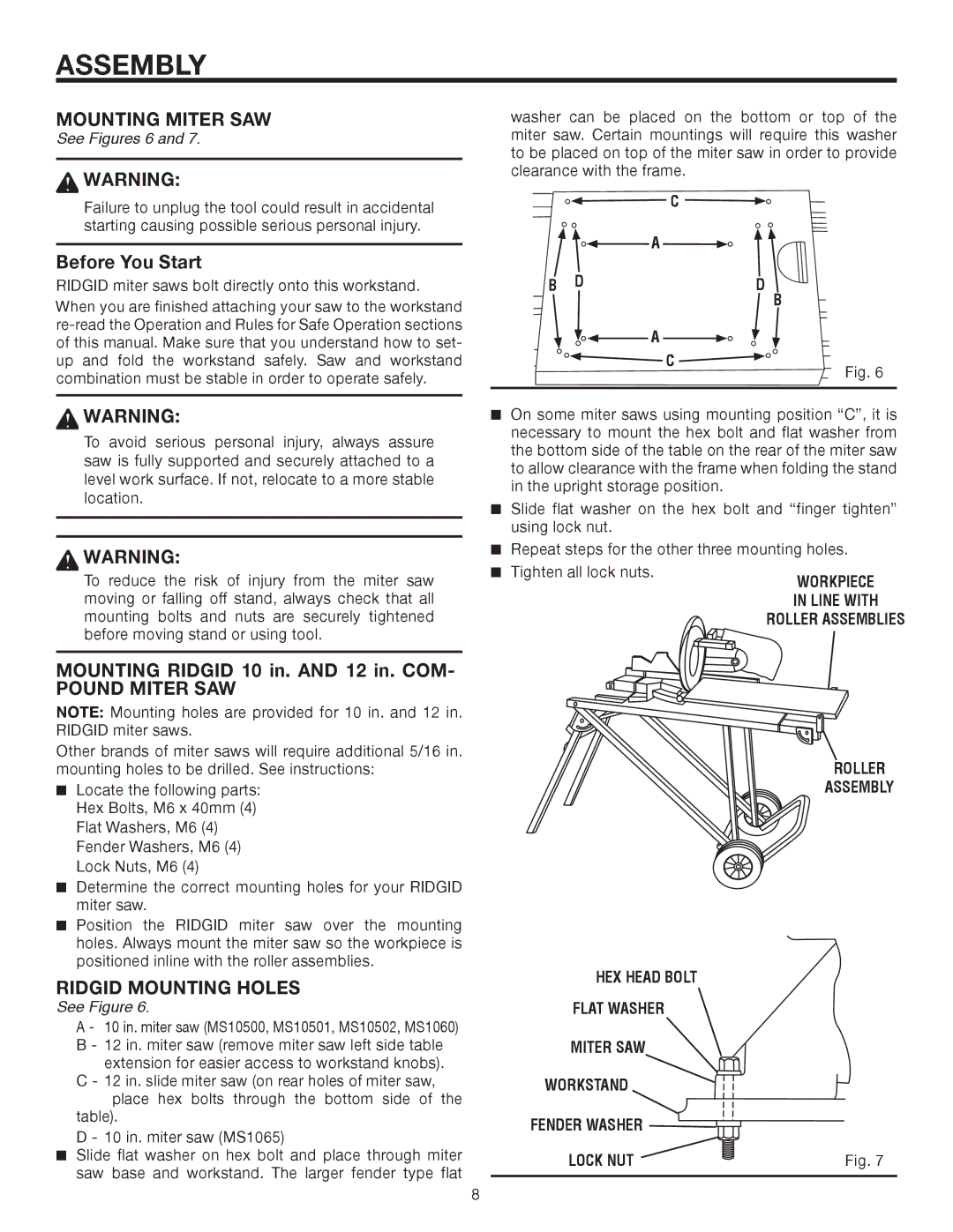 RIDGID AC9940 manual Mounting Miter SAW, Mounting Ridgid 10 in. and 12 in. COM, Pound Miter SAW, Ridgid Mounting Holes 