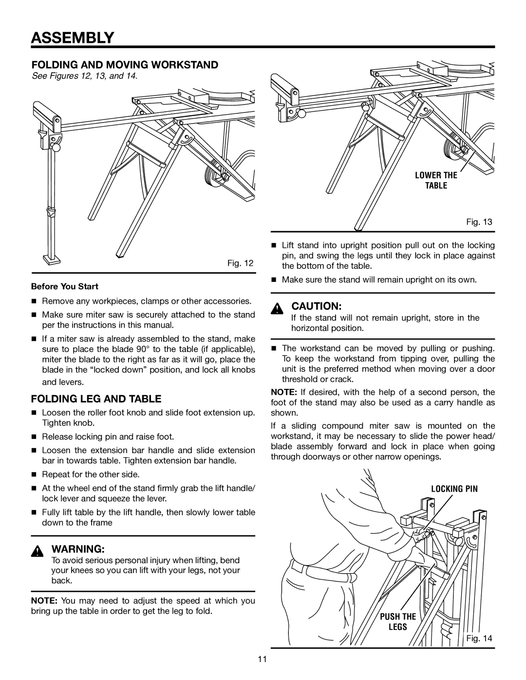 RIDGID AC99401 manual Folding and Moving Workstand, Folding LEG and Table, See Figures 12, 13, Lower, Locking PIN Push Legs 