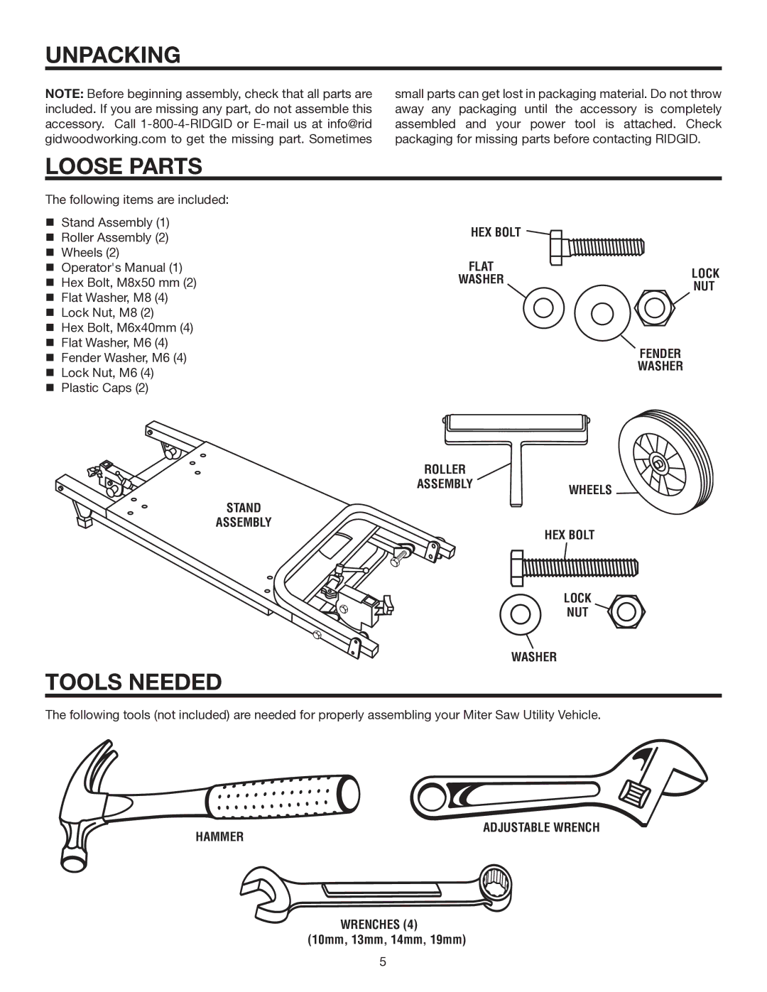 RIDGID AC99401 manual Unpacking, Loose Parts, Tools Needed 