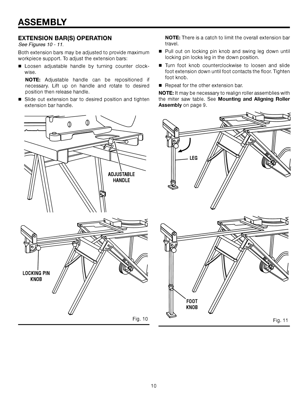 RIDGID AC99402 manual Extension Bars Operation, See Figures 10, Adjustable Handle Locking PIN Knob, LEG Foot Knob 