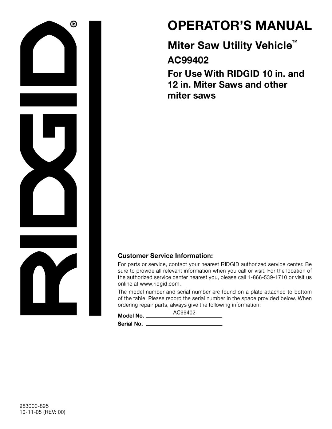 RIDGID AC99402 manual Customer Service Information 