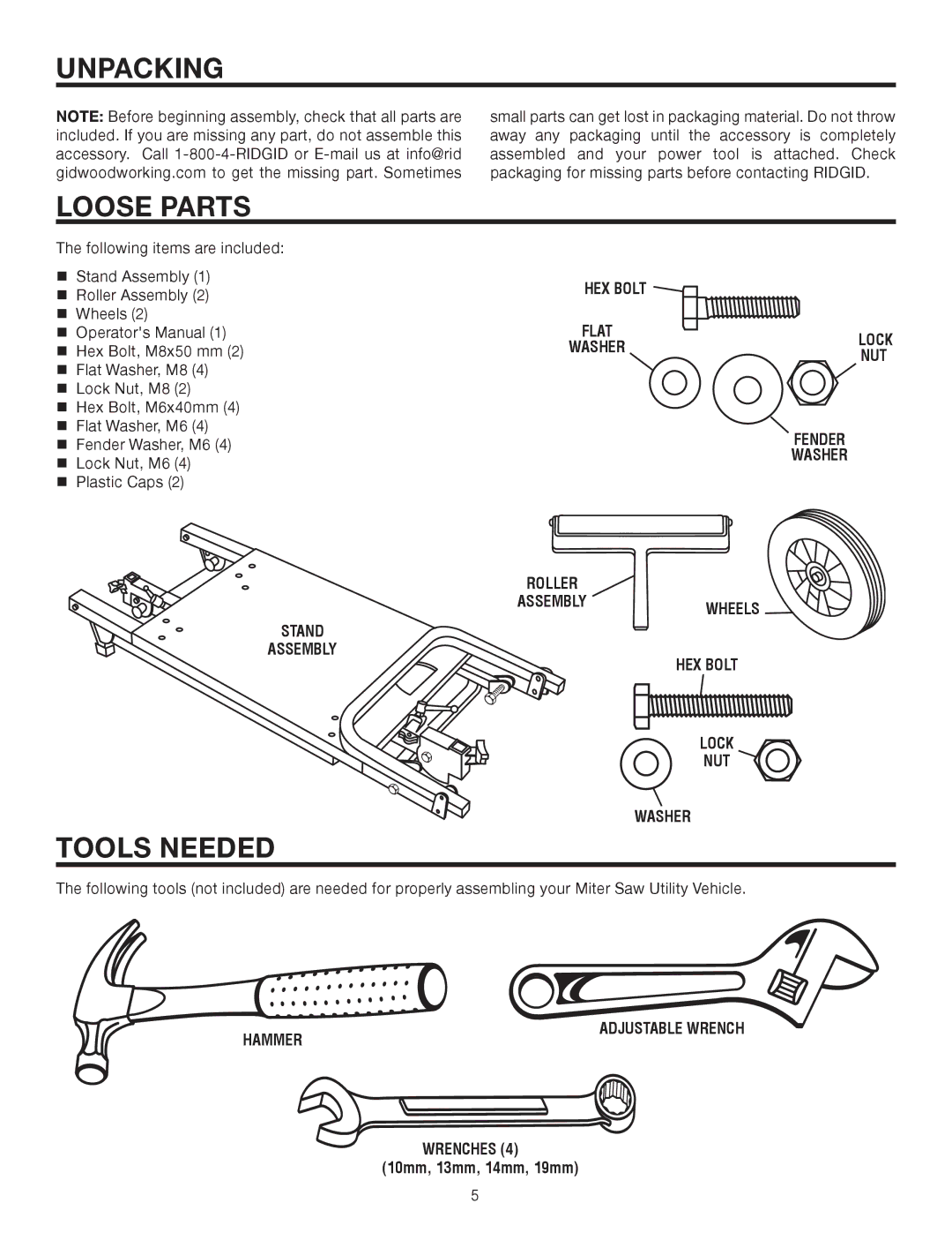 RIDGID AC99402 manual Unpacking, Loose Parts, Tools Needed 