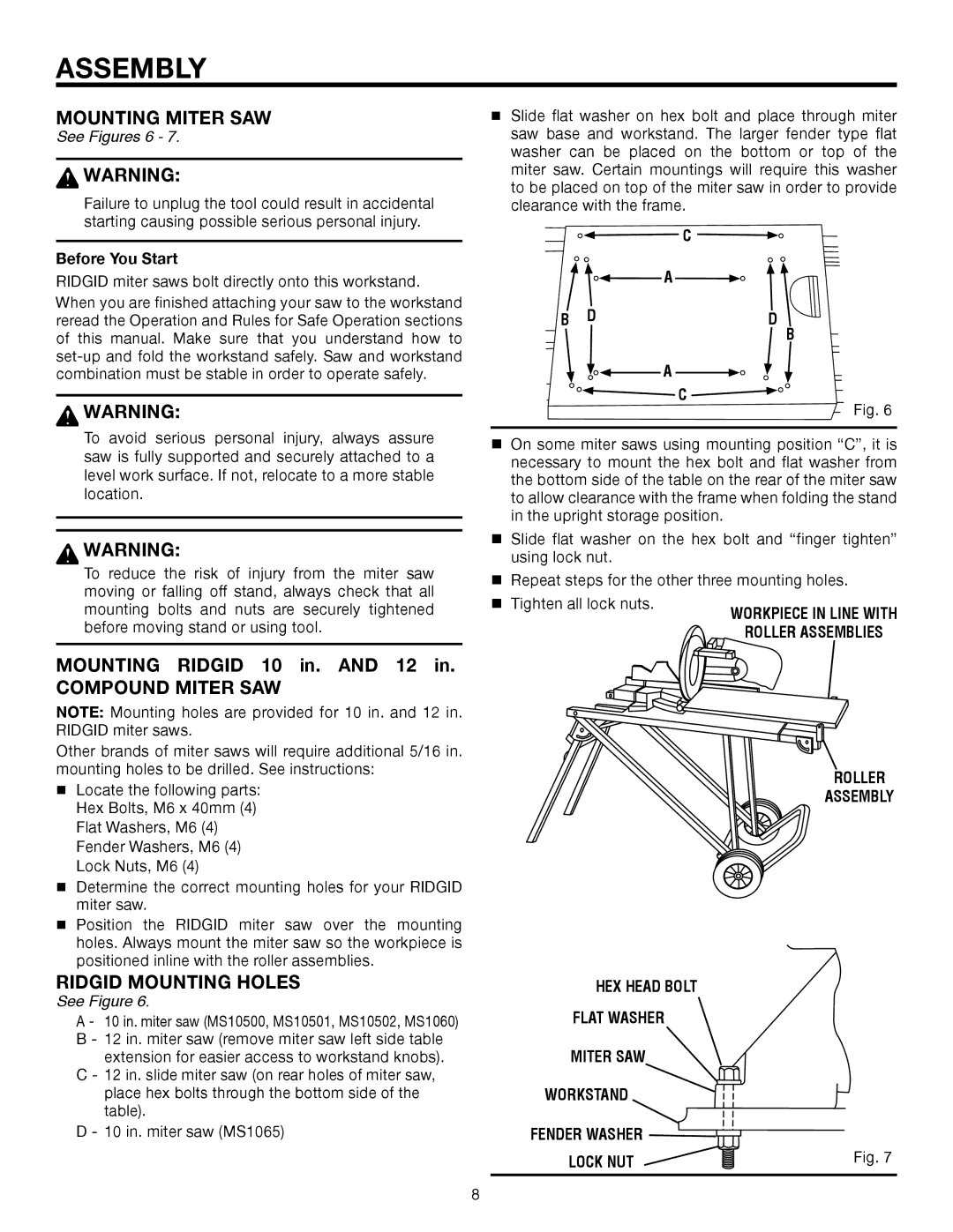 RIDGID AC99402 manual Mounting Miter SAW, Compound Miter SAW, Ridgid Mounting Holes, See Figures 6 