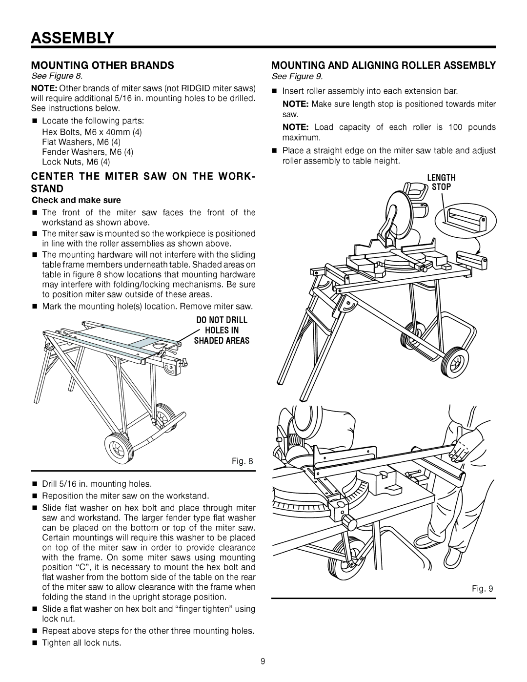 RIDGID AC99402 manual Mounting Other Brands, Center the Miter SAW on the WORK- Stand, Mounting and Aligning Roller Assembly 