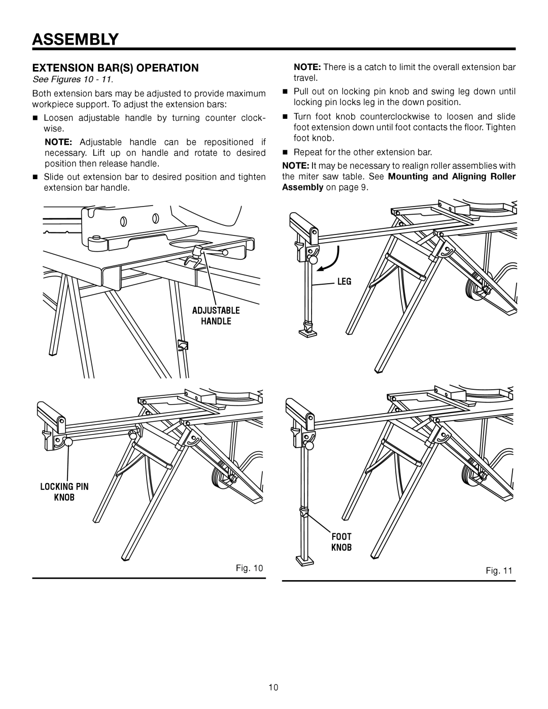 RIDGID AC99402 manual Extension Bars Operation, See Figures 10, Adjustable Handle Locking Pin Knob, Leg Foot Knob, Assembly 