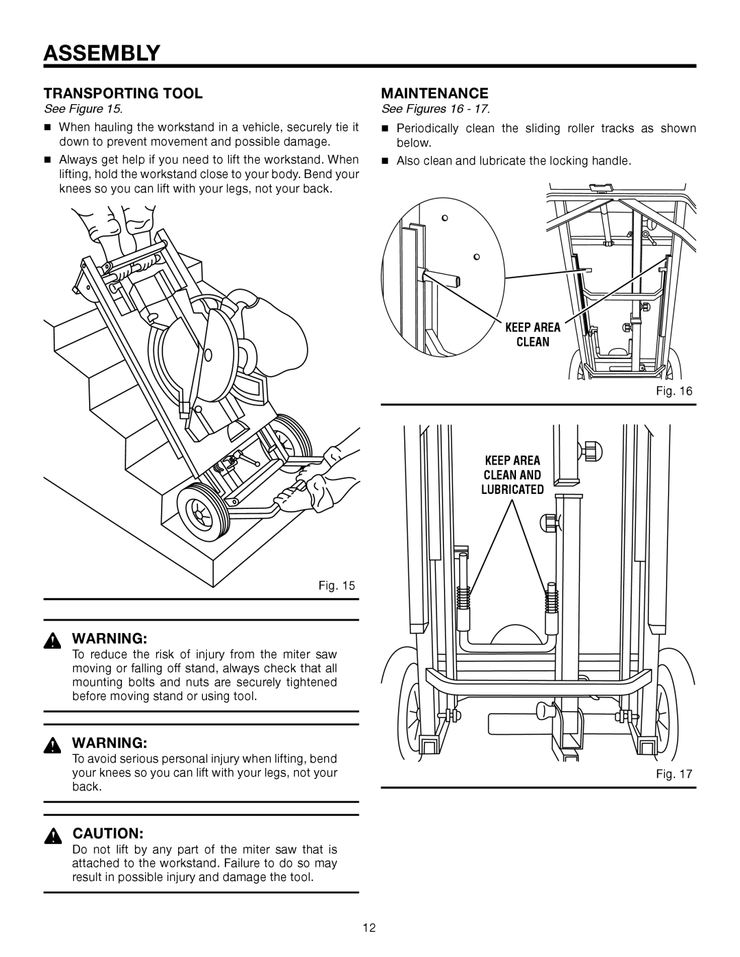 RIDGID AC99402 manual Transporting Tool, Maintenance, See Figures 16, Keep Area Clean And Lubricated, Assembly 