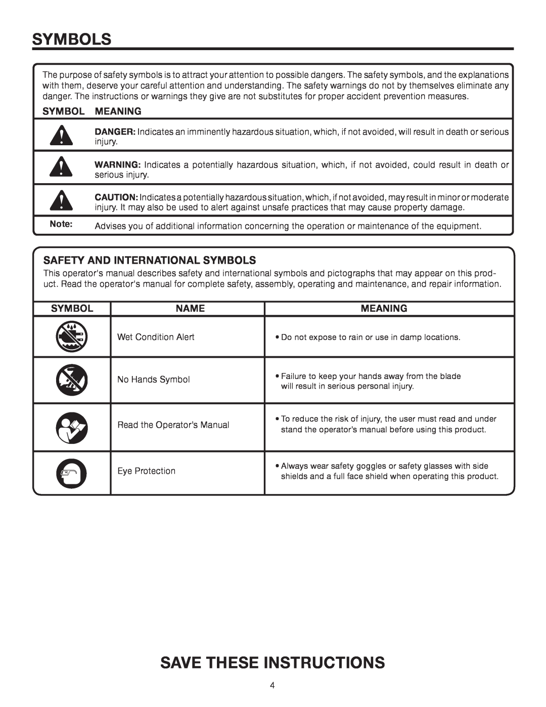 RIDGID AC99402 manual Save These Instructions, Safety And International Symbols, Symbol Meaning, Name 