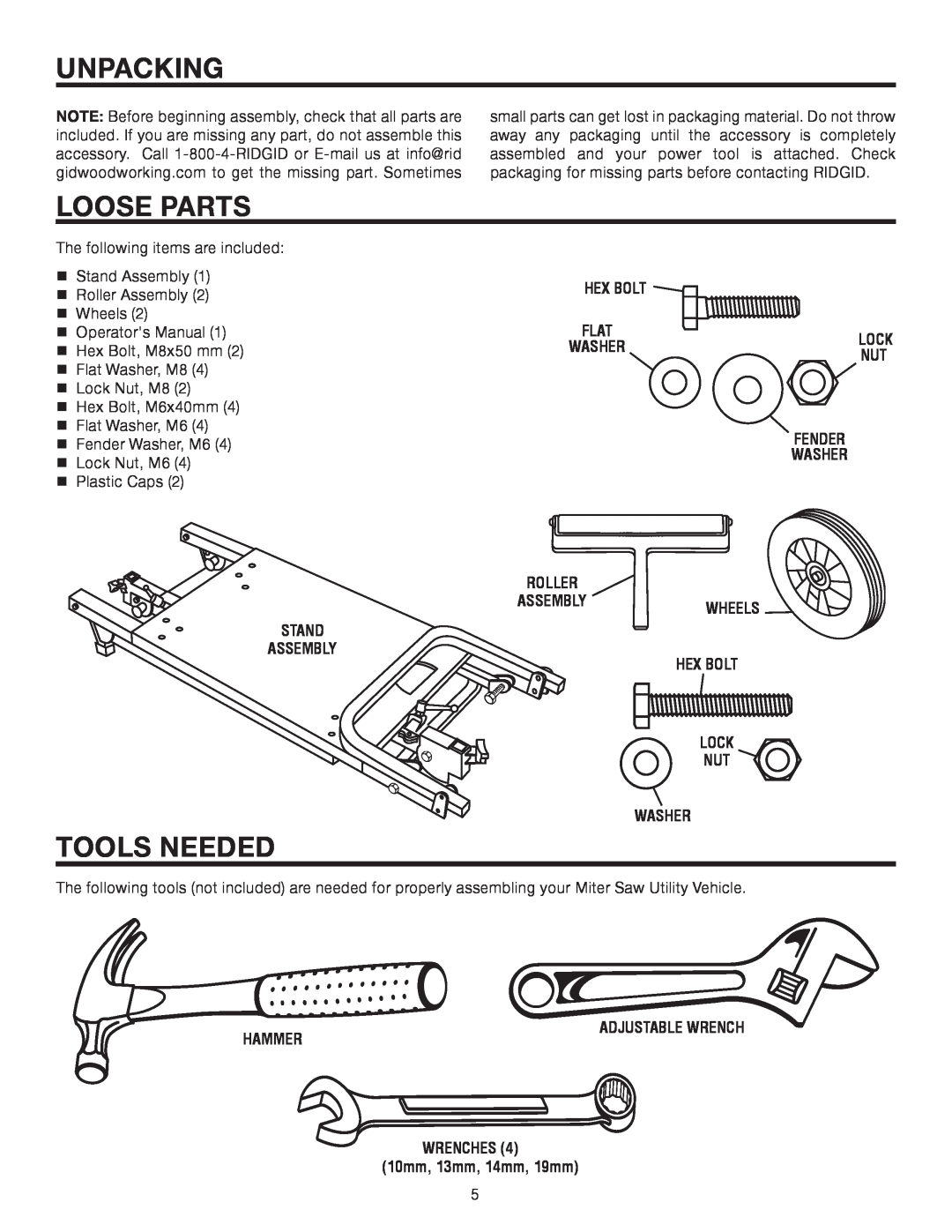 RIDGID AC99402 manual Unpacking, Loose Parts, Tools Needed, Stand Assembly, Hex Bolt, Washer, Hammer, Adjustable Wrench 