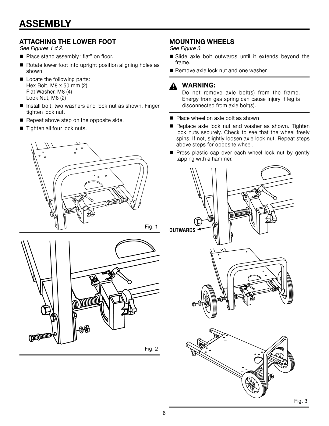 RIDGID AC99402 manual Assembly, Attaching The Lower Foot, Mounting Wheels, See Figures 1 d, Outwards 