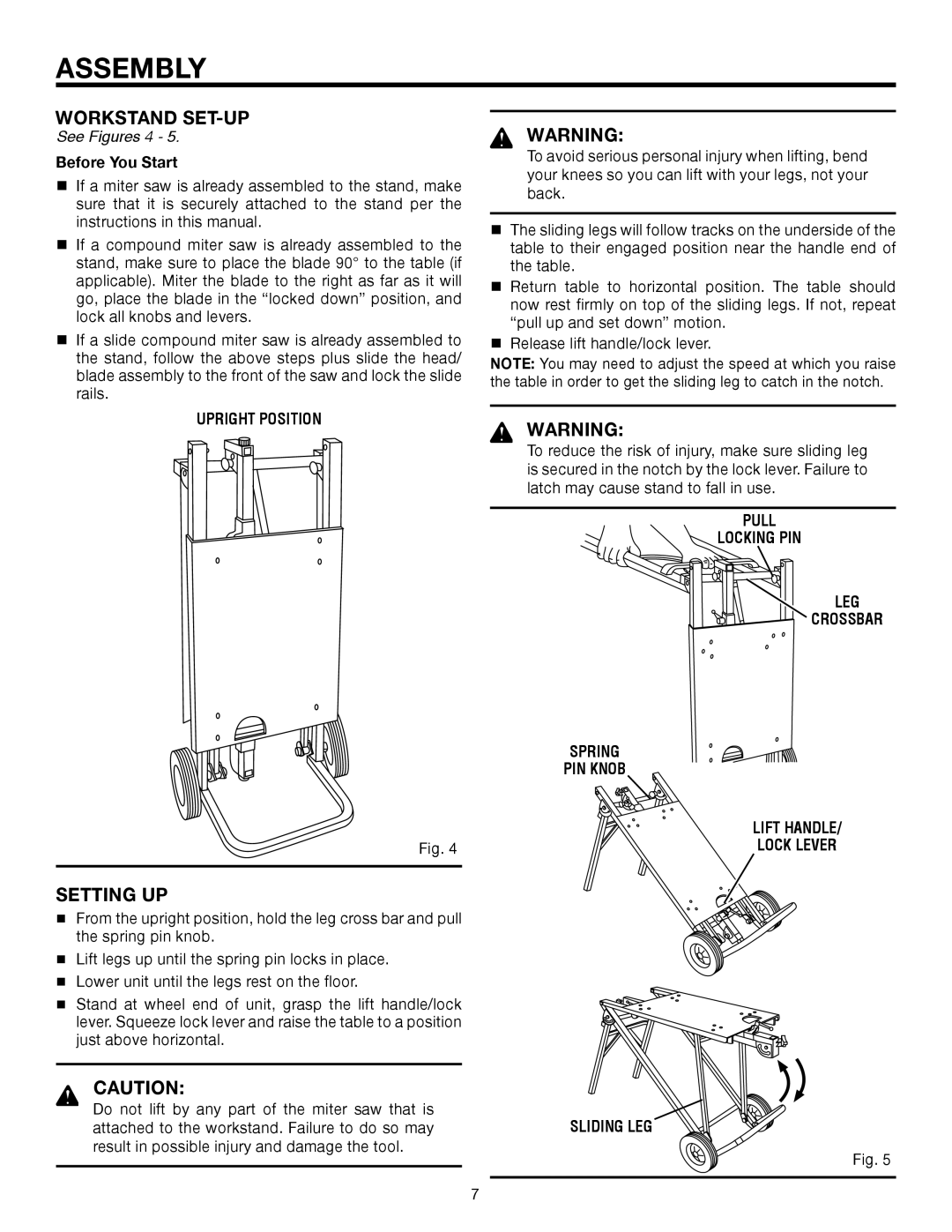 RIDGID AC99402 Workstand Set-Up, Setting Up, See Figures 4, Before You Start, Upright Position, Sliding Leg, Assembly 