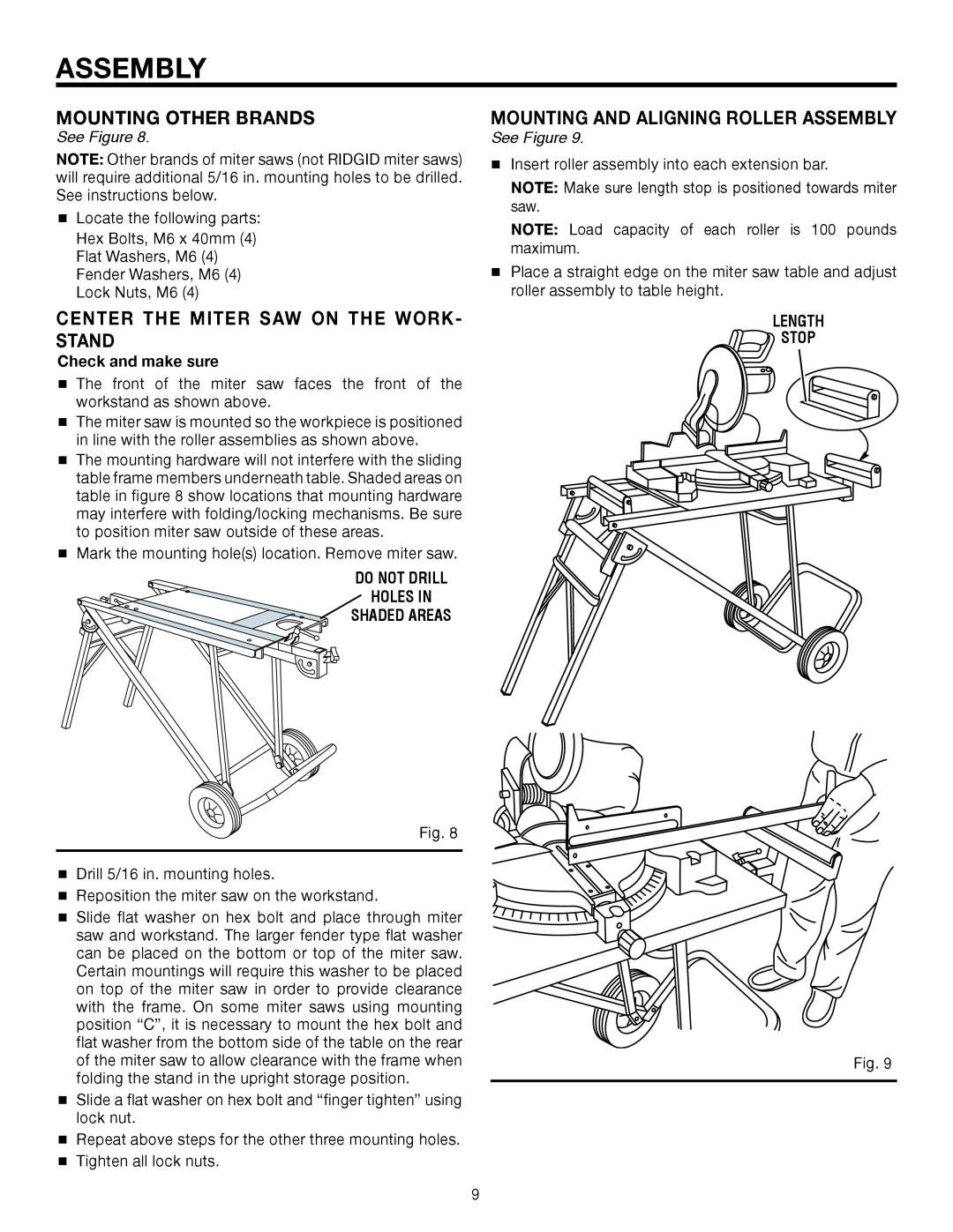 RIDGID AC99402 manual Mounting Other Brands, Center The Miter Saw On The Work- Stand, Mounting And Aligning Roller Assembly 