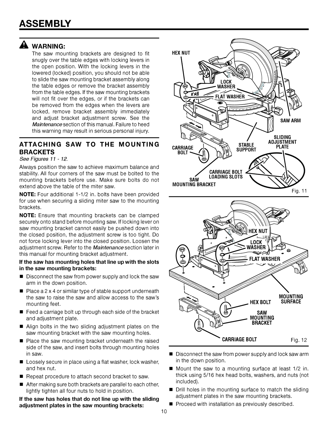 RIDGID AC9944 manual Attaching SAW to the Mounting Brackets, See Figures 11, Hex Nut 