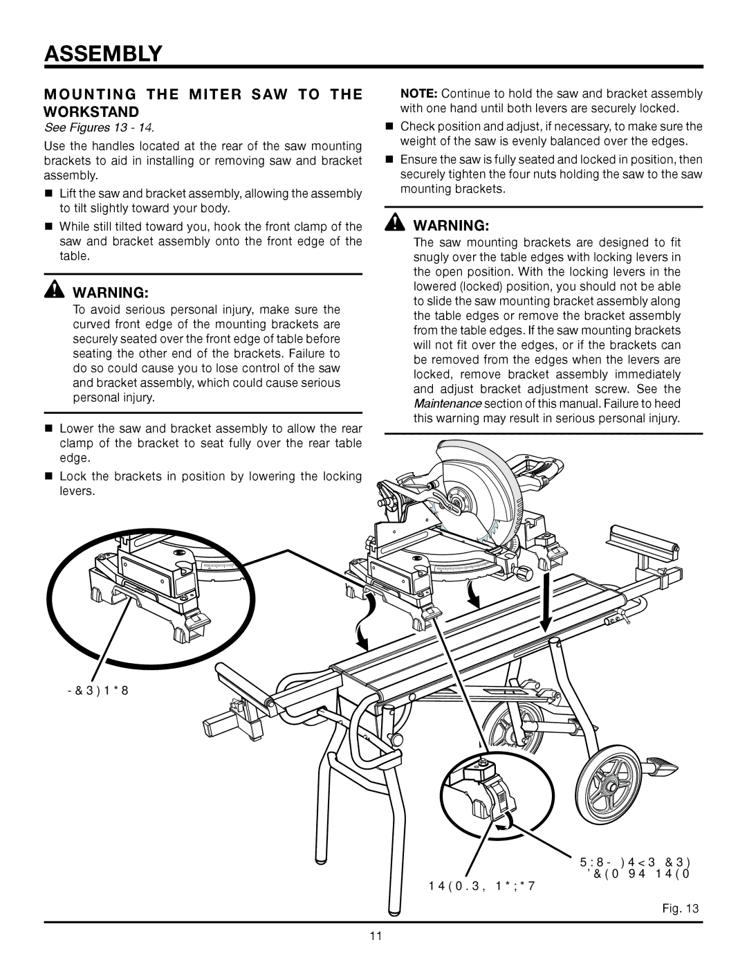 RIDGID AC9944 manual Mounting the Miter SAW to the Workstand, See Figures 13, Handles, Locking Lever 