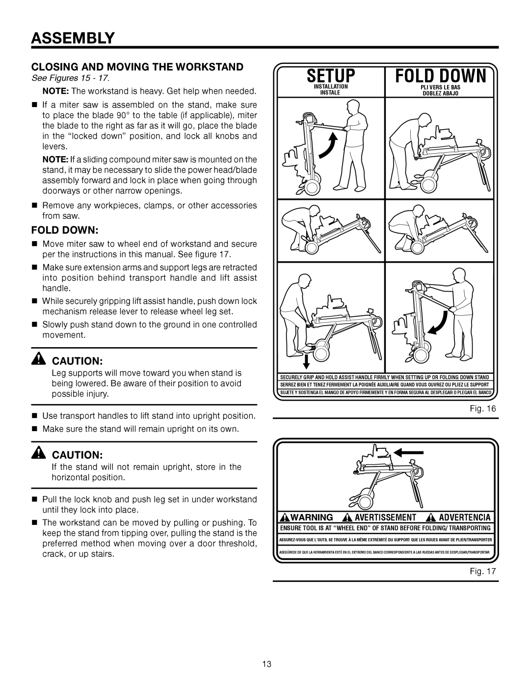 RIDGID AC9944 manual Closing and Moving the Workstand, Fold Down 