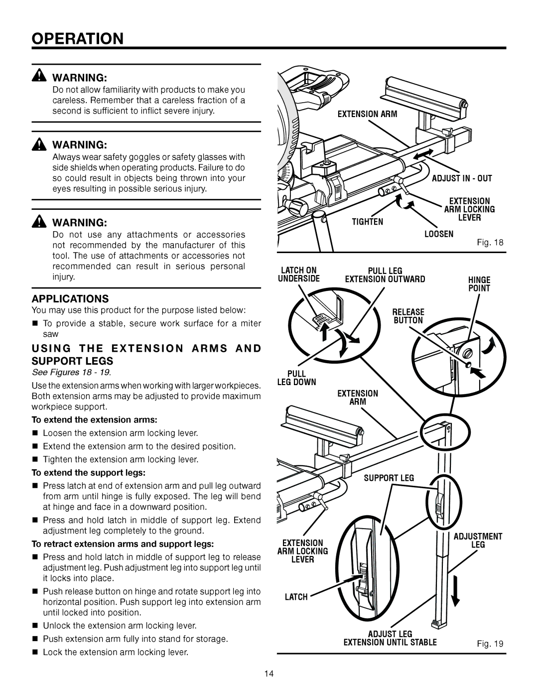 RIDGID AC9944 manual Operation, Applications, Using the Extension Arms and Support Legs, See Figures 18 