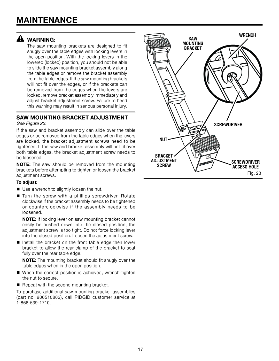 RIDGID AC9944 manual SAW Mounting Bracket Adjustment, SAW Wrench, Screwdriver, To adjust 