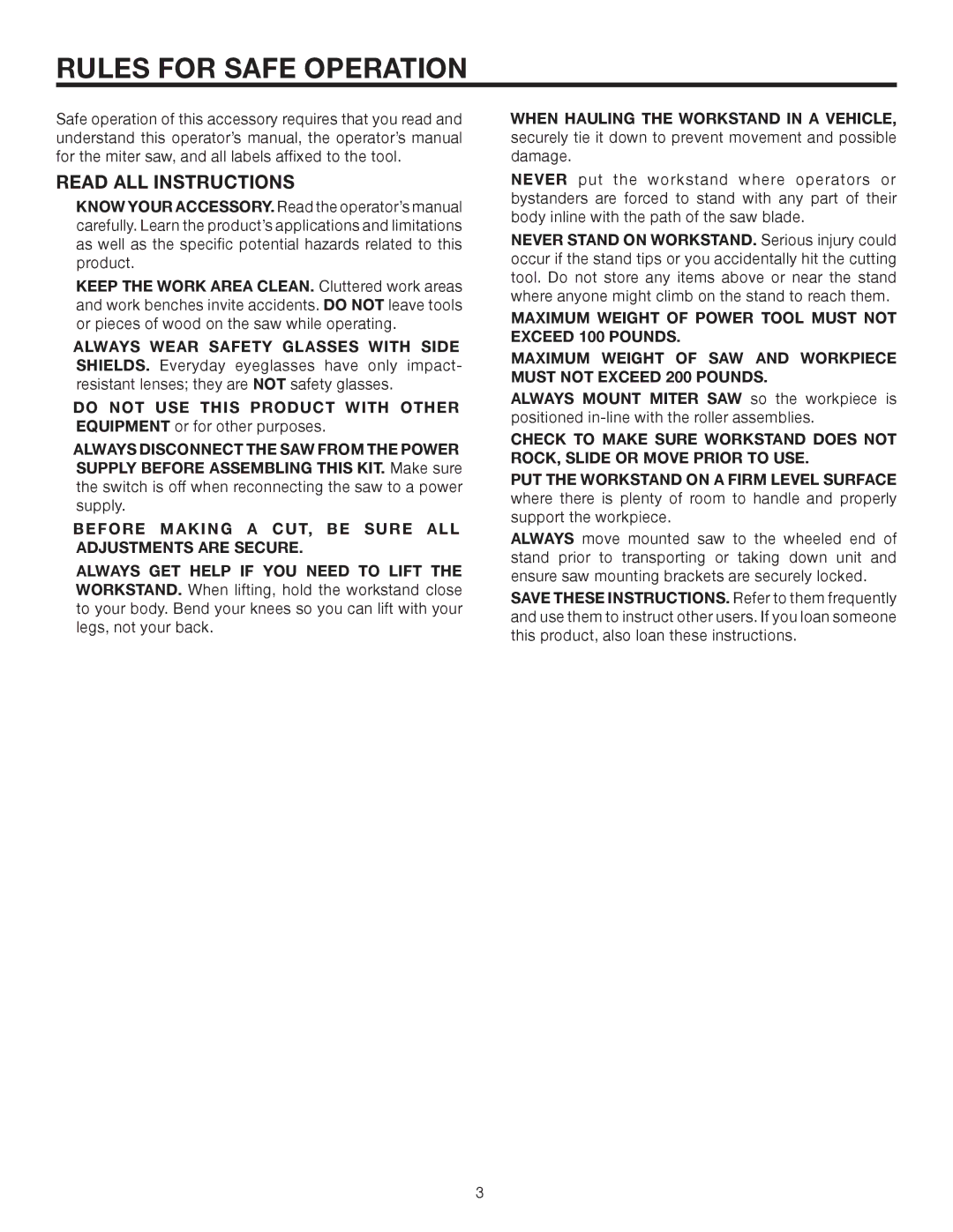 RIDGID AC9944 Rules for Safe Operation, Read ALL Instructions,  Before Making a CUT, be Sure ALL Adjustments are Secure 