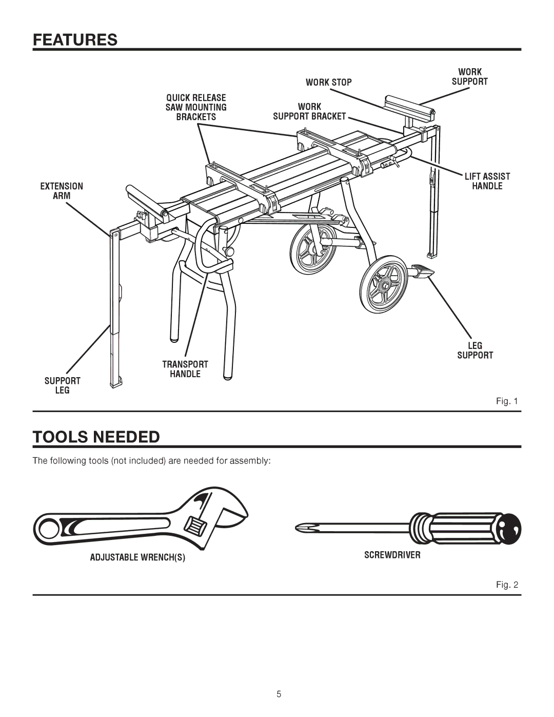 RIDGID AC9944 manual Features, Tools Needed, Work Stop, LEG Support Transport Handle, Adjustable Wrenchs 