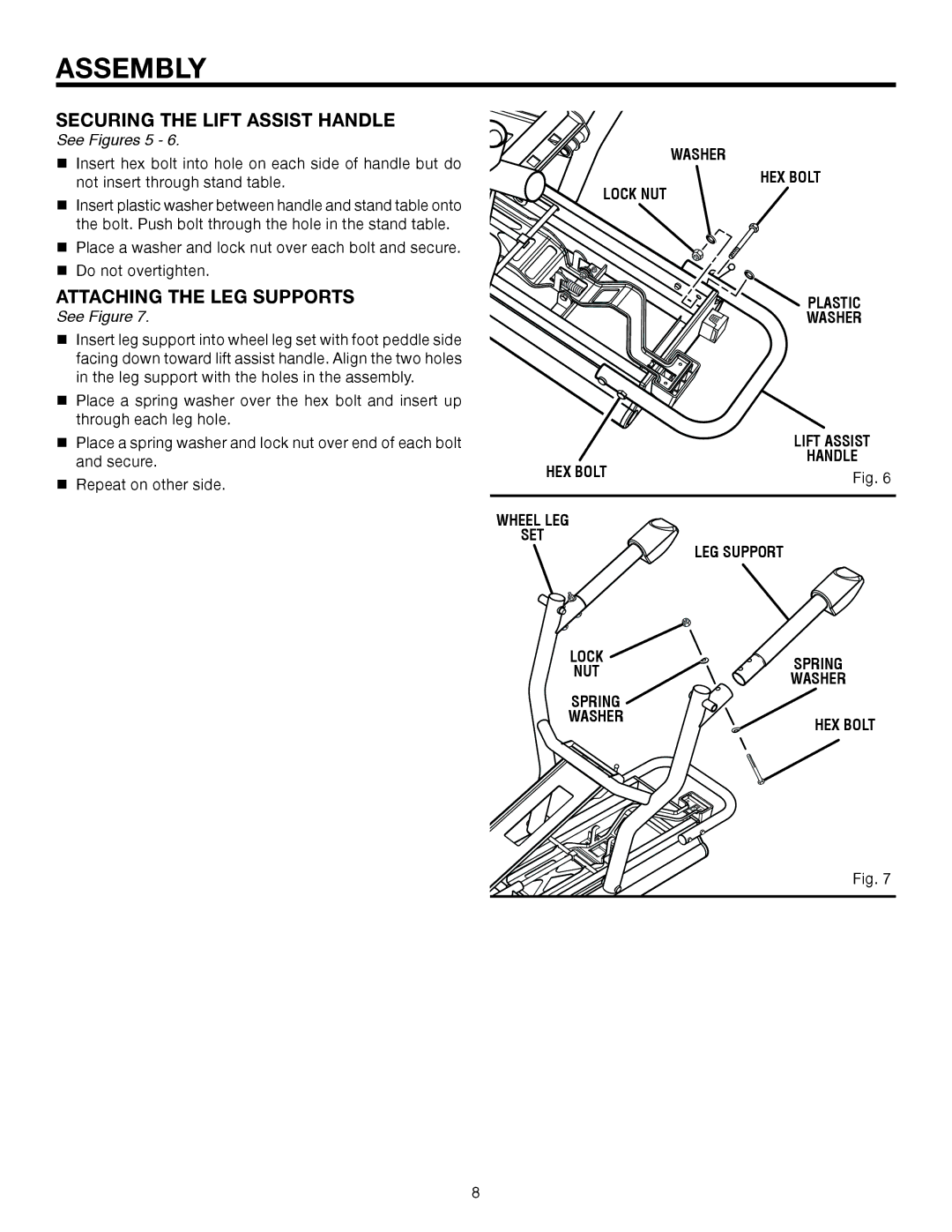 RIDGID AC9944 manual Securing the Lift Assist Handle, Attaching the LEG Supports, See Figures 5 