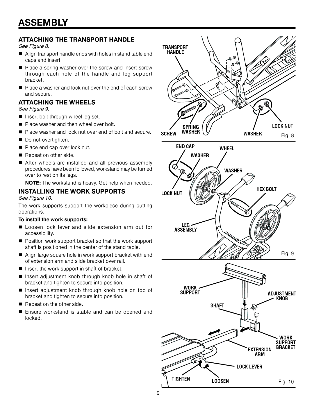 RIDGID AC9944 manual Attaching the Transport Handle, Attaching the Wheels, Installing the Work Supports 