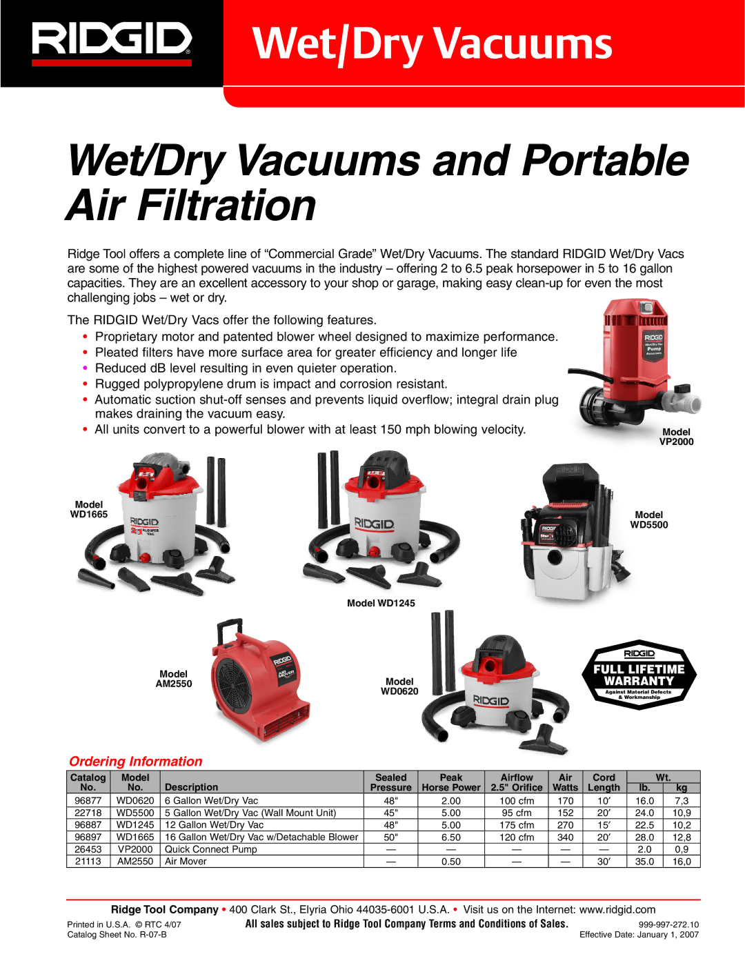 RIDGID AM2550 warranty Model WD1665Model WD5500 Model WD1245, WD0620, Orifice Watts Length 