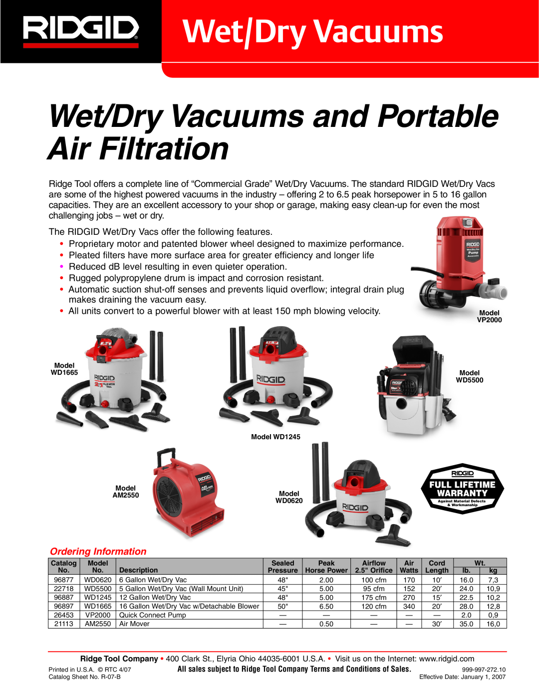 RIDGID AM2550 warranty Wet/Dry Vacuums and Portable Air Filtration, Ordering Information 