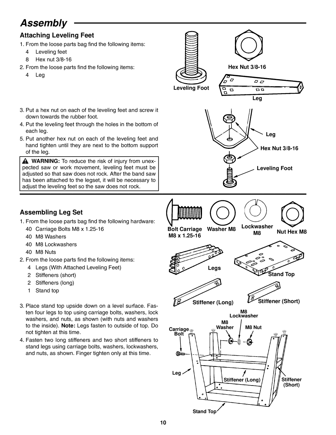 RIDGID BS1400 manual Assembly, Attaching Leveling Feet, Assembling Leg Set, Hex Nut 3/8-16 Leveling Foot Leg 