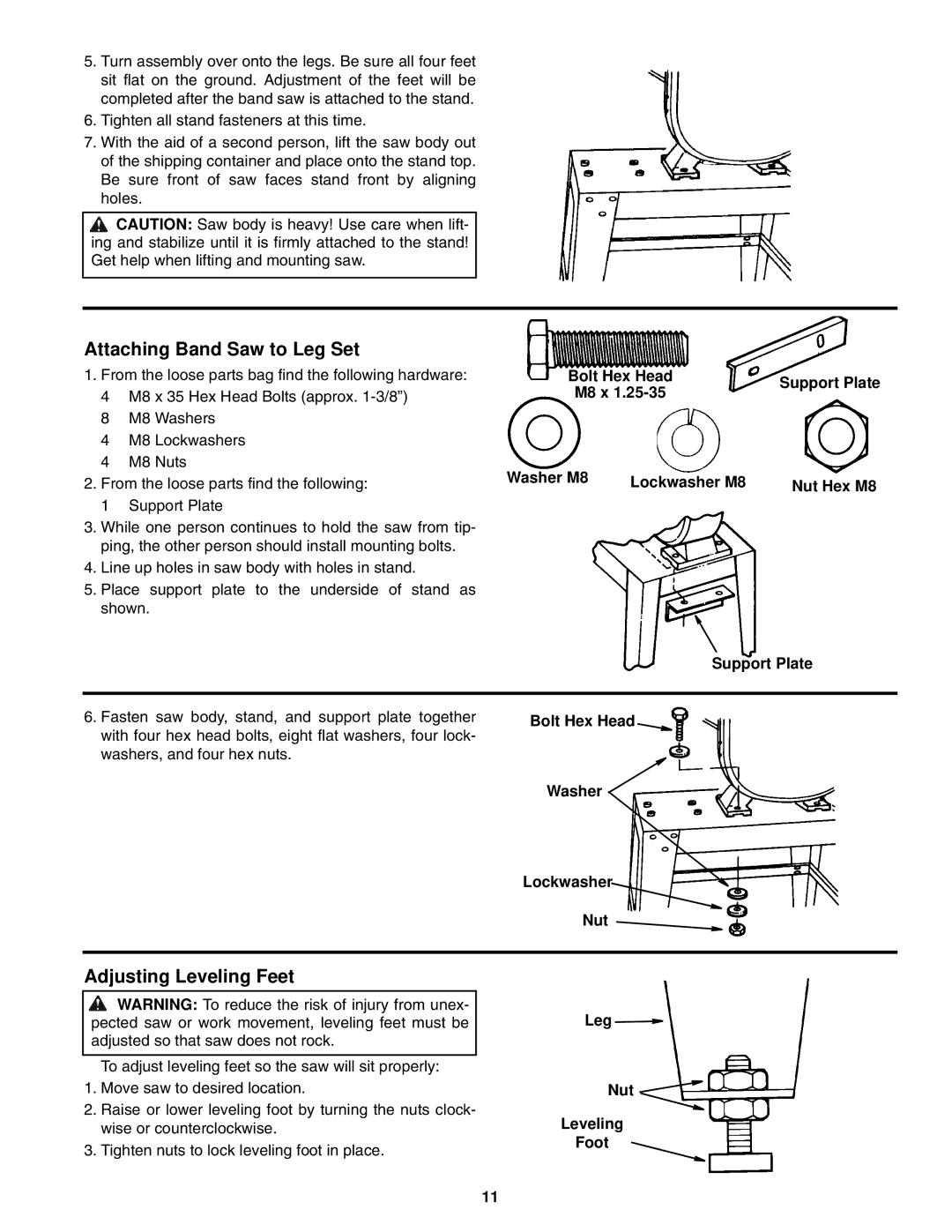 RIDGID BS1400 manual Attaching Band Saw to Leg Set, Adjusting Leveling Feet 