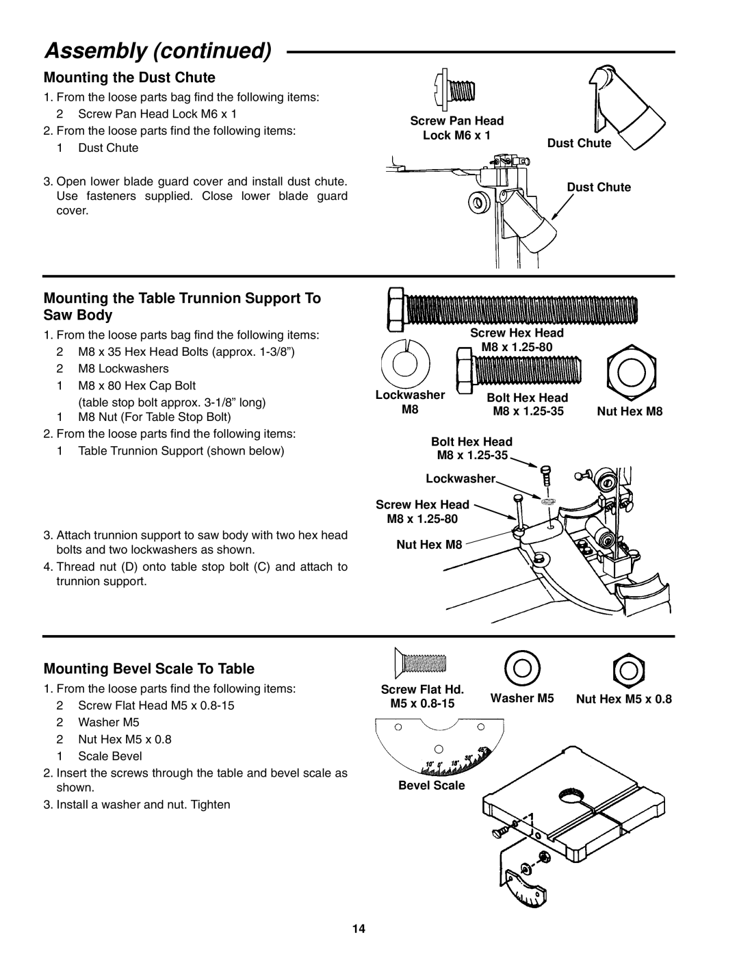 RIDGID BS1400 Mounting the Dust Chute, Mounting the Table Trunnion Support To Saw Body, Mounting Bevel Scale To Table 