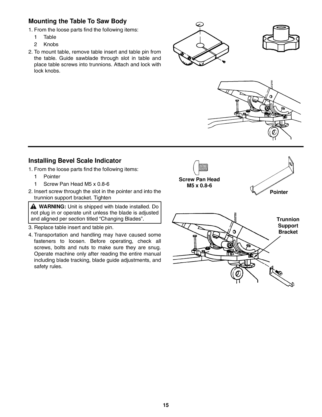 RIDGID BS1400 manual Mounting the Table To Saw Body, Installing Bevel Scale Indicator 