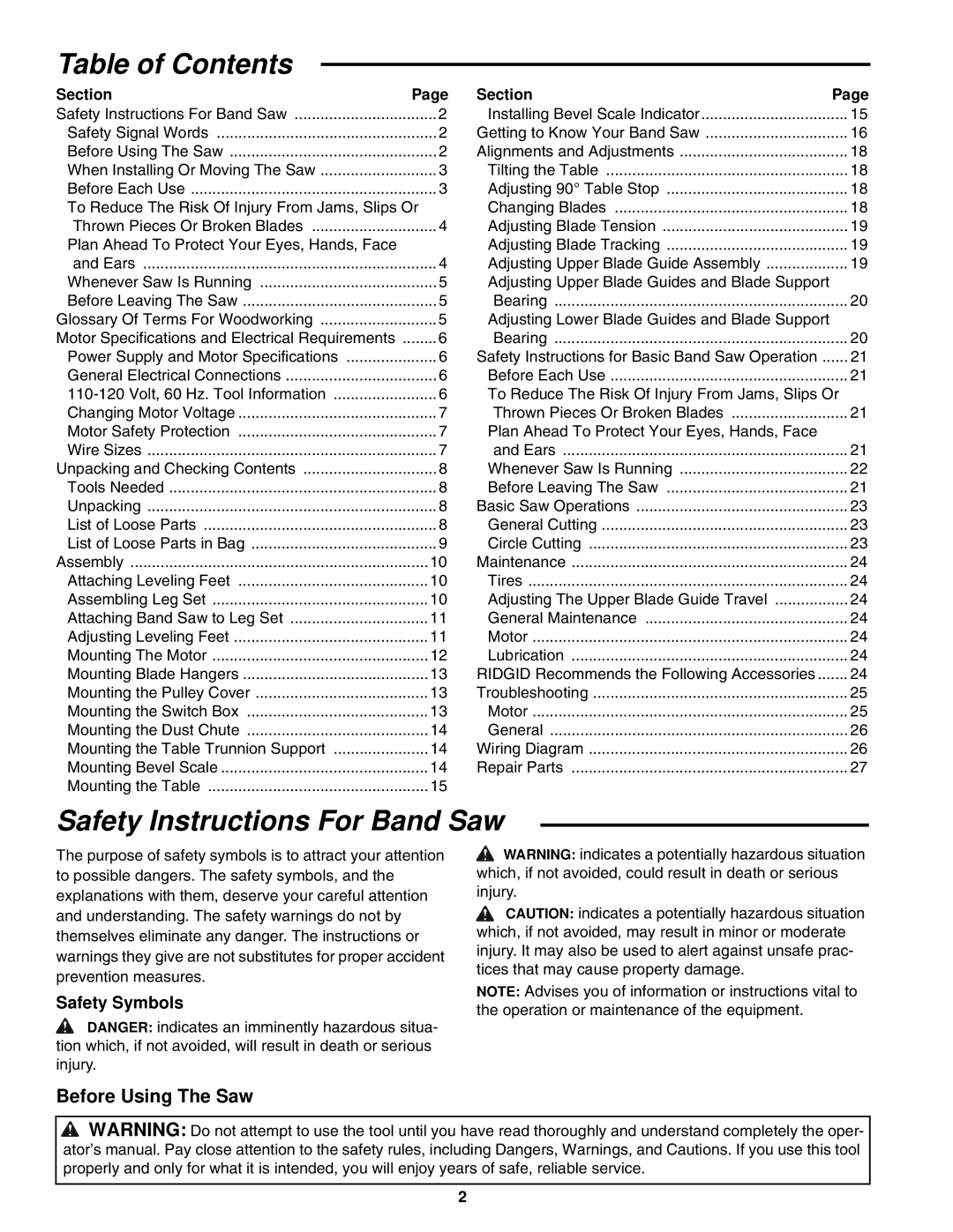 RIDGID BS1400 manual Table of Contents, Safety Instructions For Band Saw 