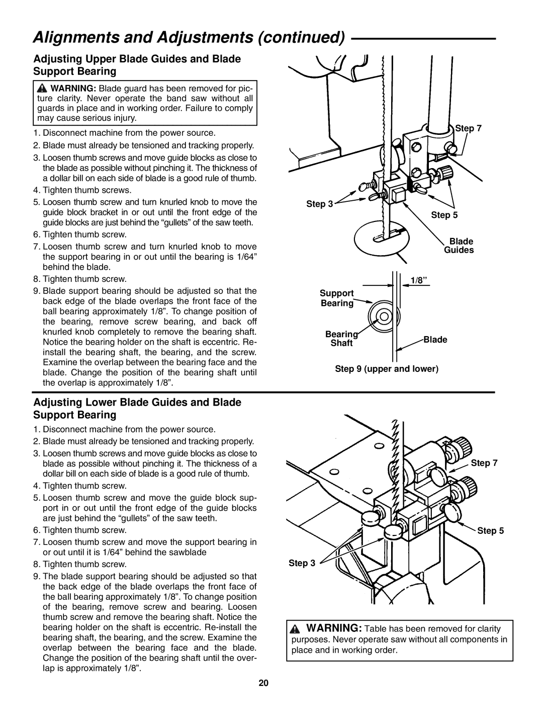 RIDGID BS1400 manual Adjusting Upper Blade Guides and Blade Support Bearing, Step Support Bearing Shaft Blade Guides 