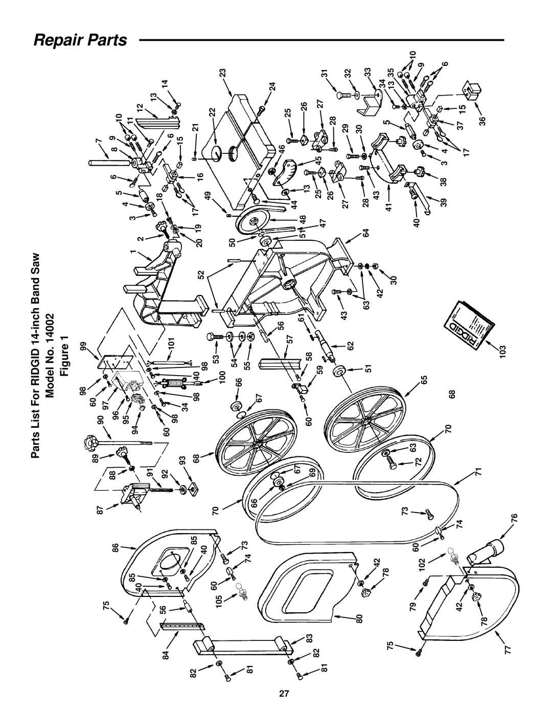 RIDGID BS1400 manual Parts List For Ridgid 14-inch Band Saw Model No 