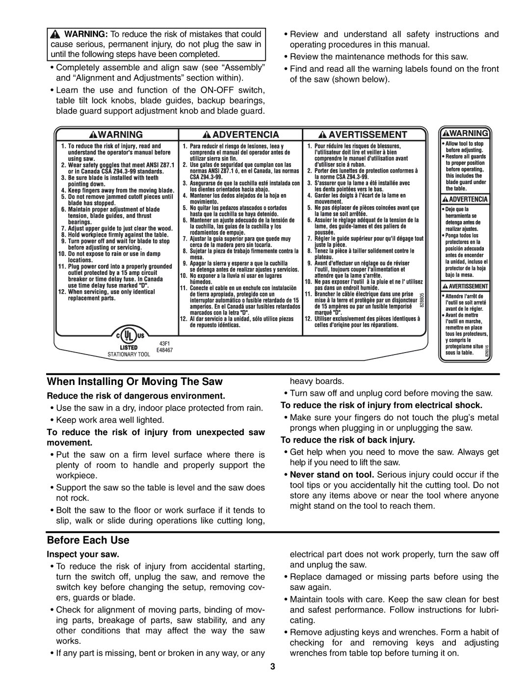 RIDGID BS1400 manual When Installing Or Moving The Saw, Before Each Use 