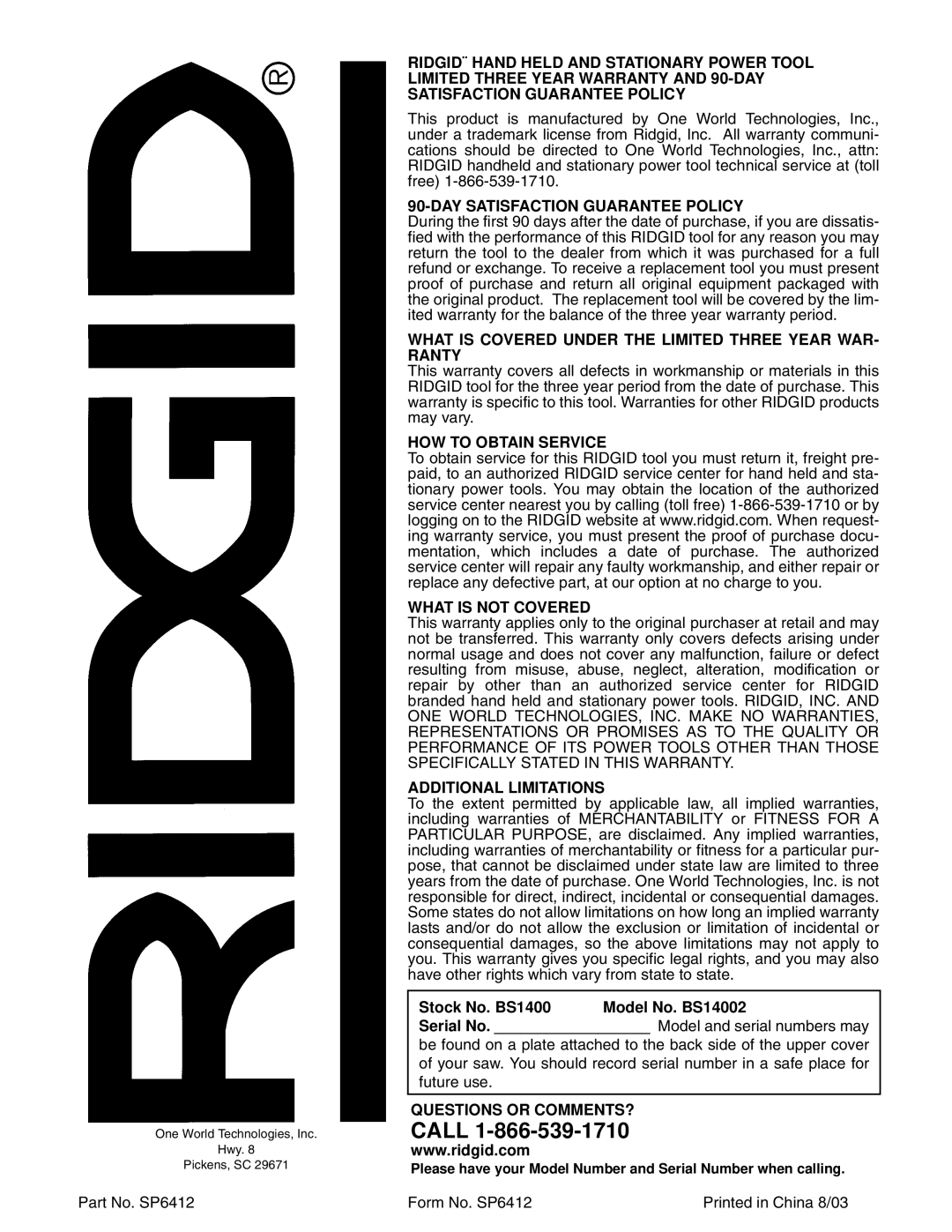 RIDGID BS1400 manual Call 