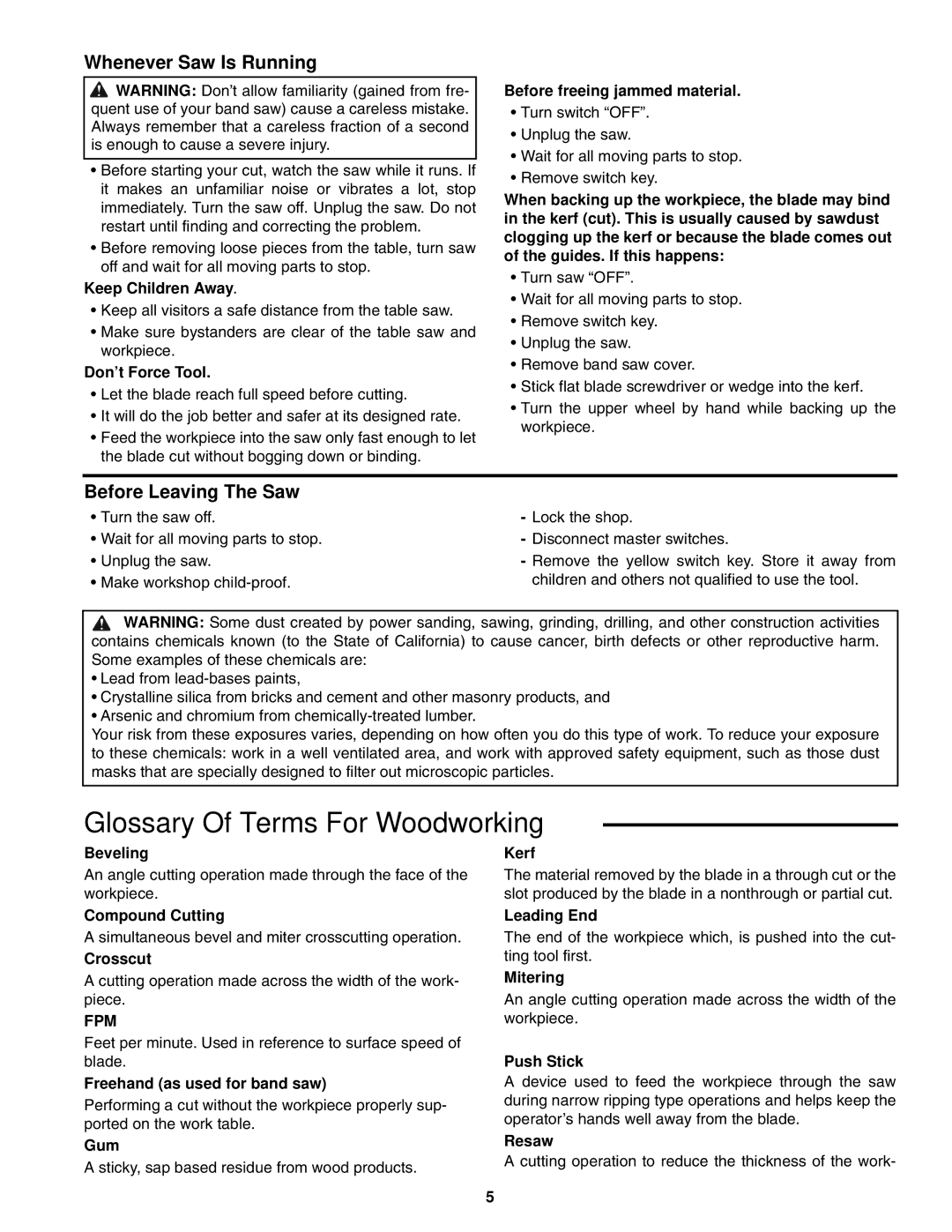 RIDGID BS1400 manual Glossary Of Terms For Woodworking, Whenever Saw Is Running, Before Leaving The Saw 