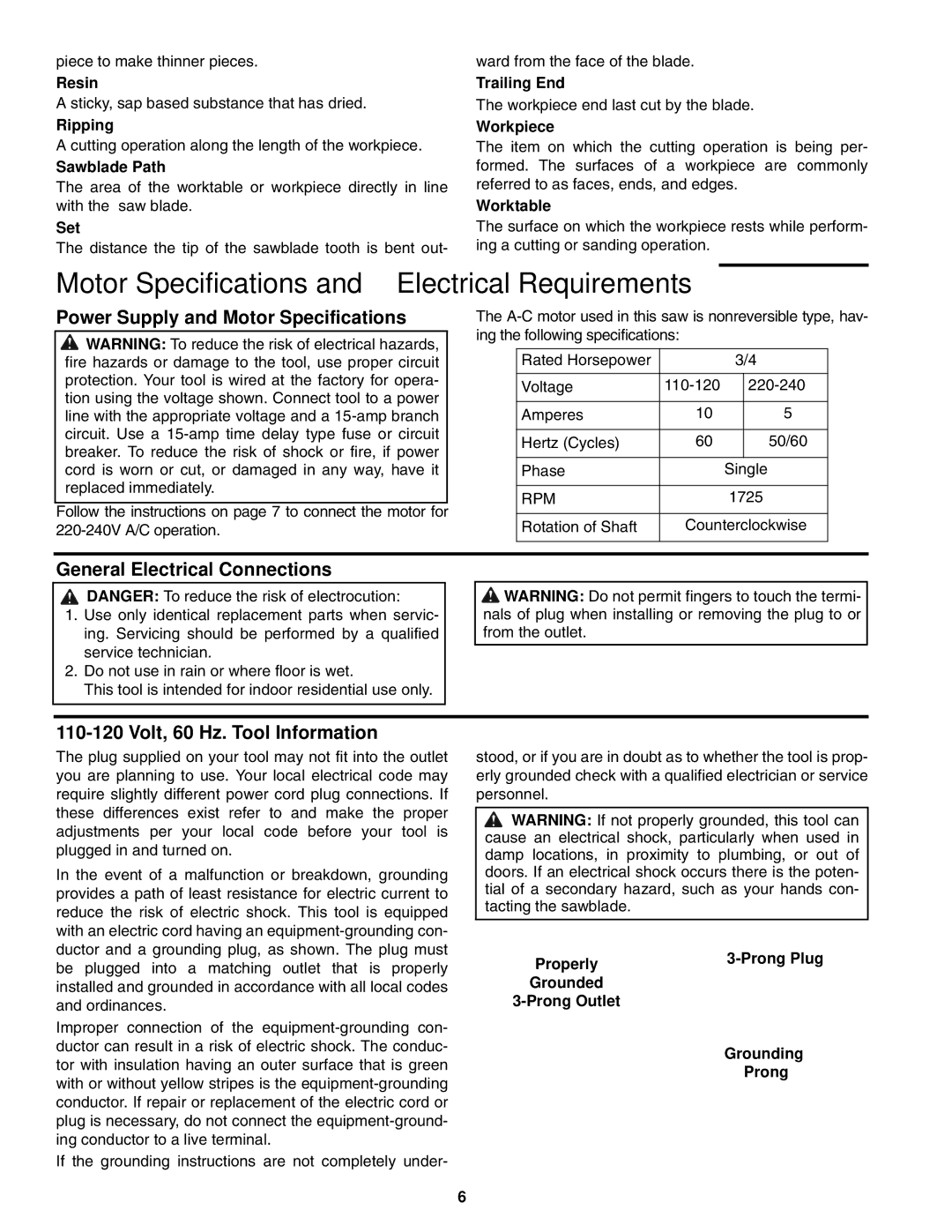 RIDGID BS1400 manual Motor Specifications and Electrical Requirements, Power Supply and Motor Specifications 