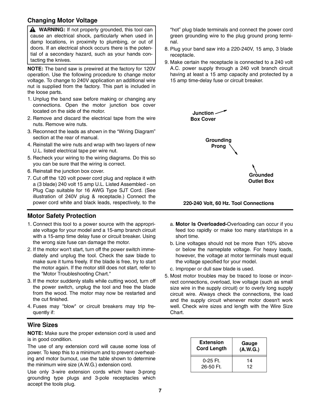 RIDGID BS1400 manual Changing Motor Voltage, Motor Safety Protection, Wire Sizes, Extension Gauge Cord Length 