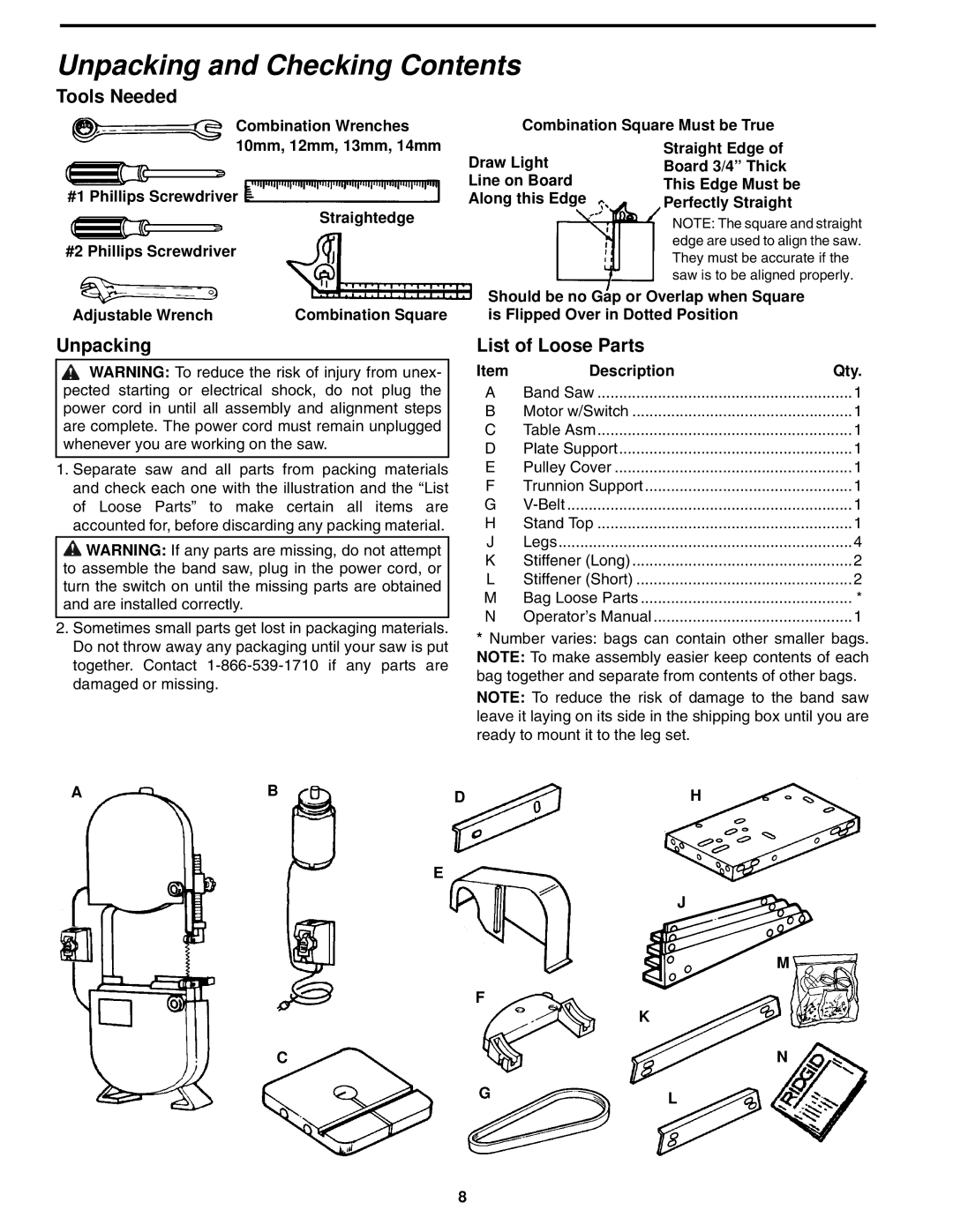 RIDGID BS1400 manual Unpacking and Checking Contents 