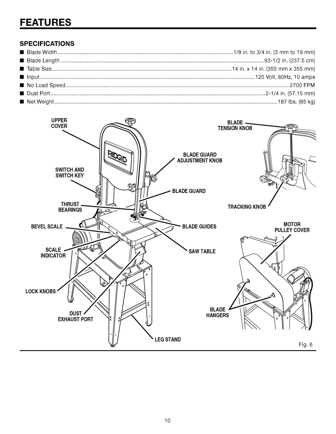 RIDGID BS14002 manual Features, Specifications 