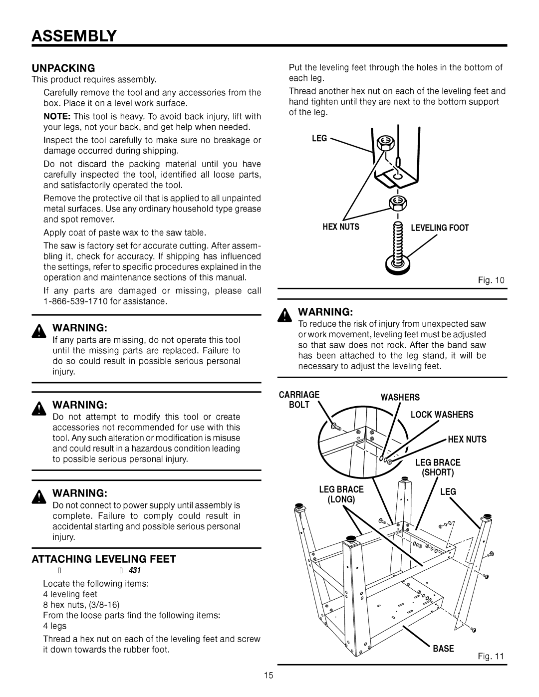 RIDGID BS14002 manual Assembly, Unpacking, Attaching Leveling Feet 