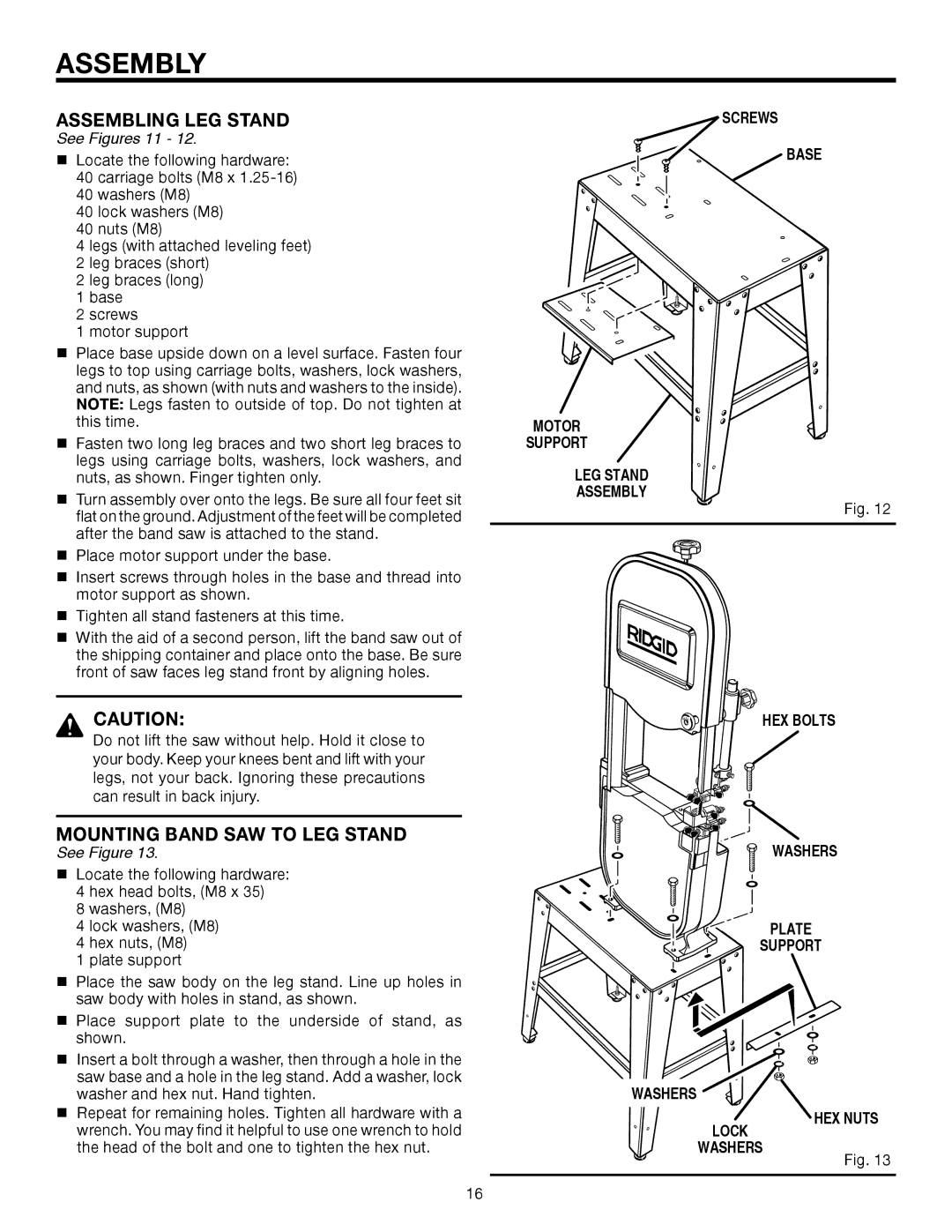 RIDGID BS14002 manual Assembling LEG Stand, Mounting Band SAW to LEG Stand, See Figures 11 