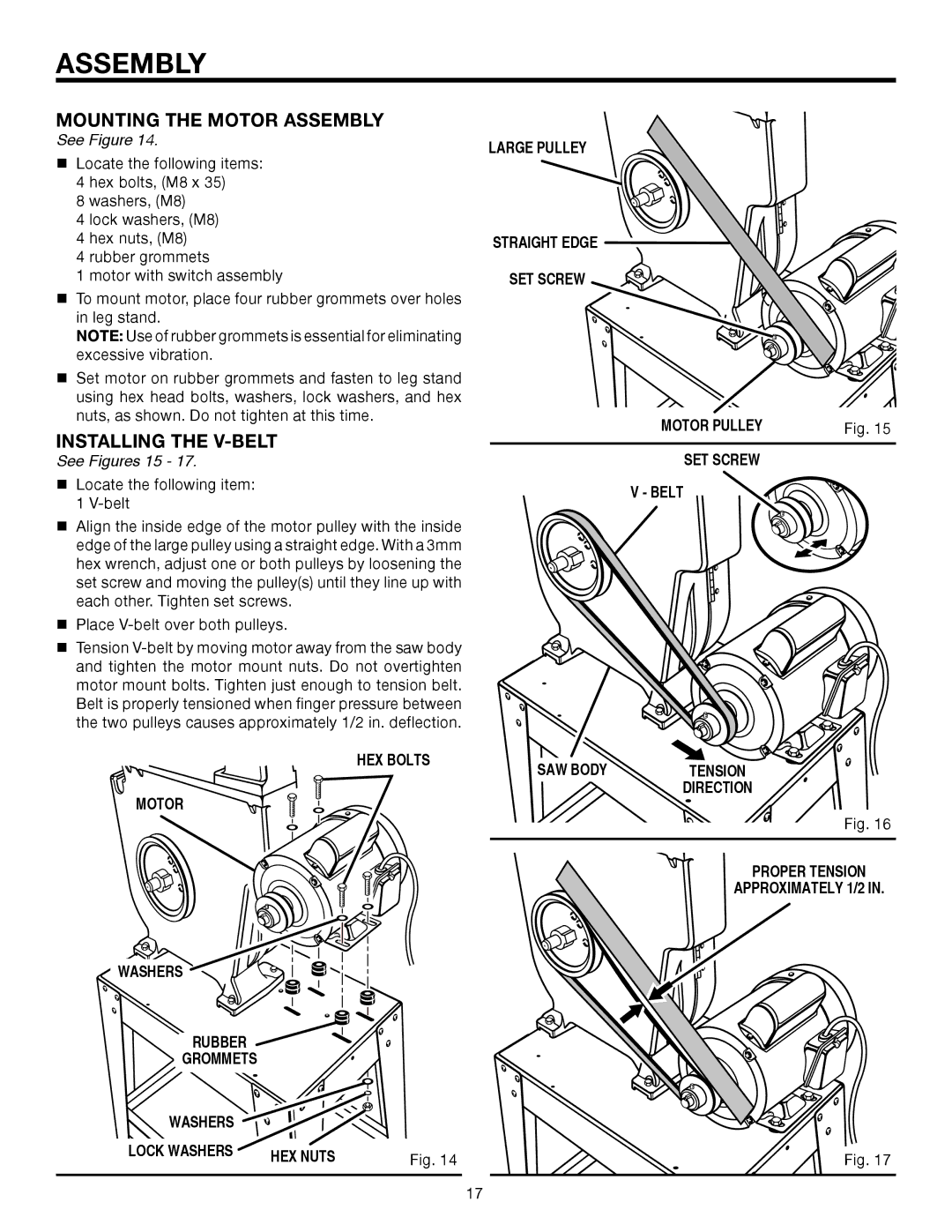 RIDGID BS14002 manual Mounting the Motor Assembly, Installing the V-BELT, See Figures 15 